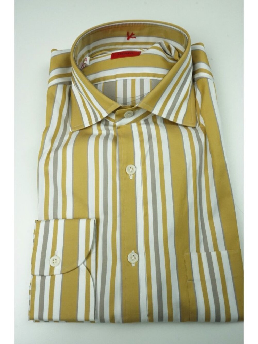 Isaia Mustard Yellow Taupe Striped Long Sleeve Cotton Pocket Shirt 15.5/39 NEW